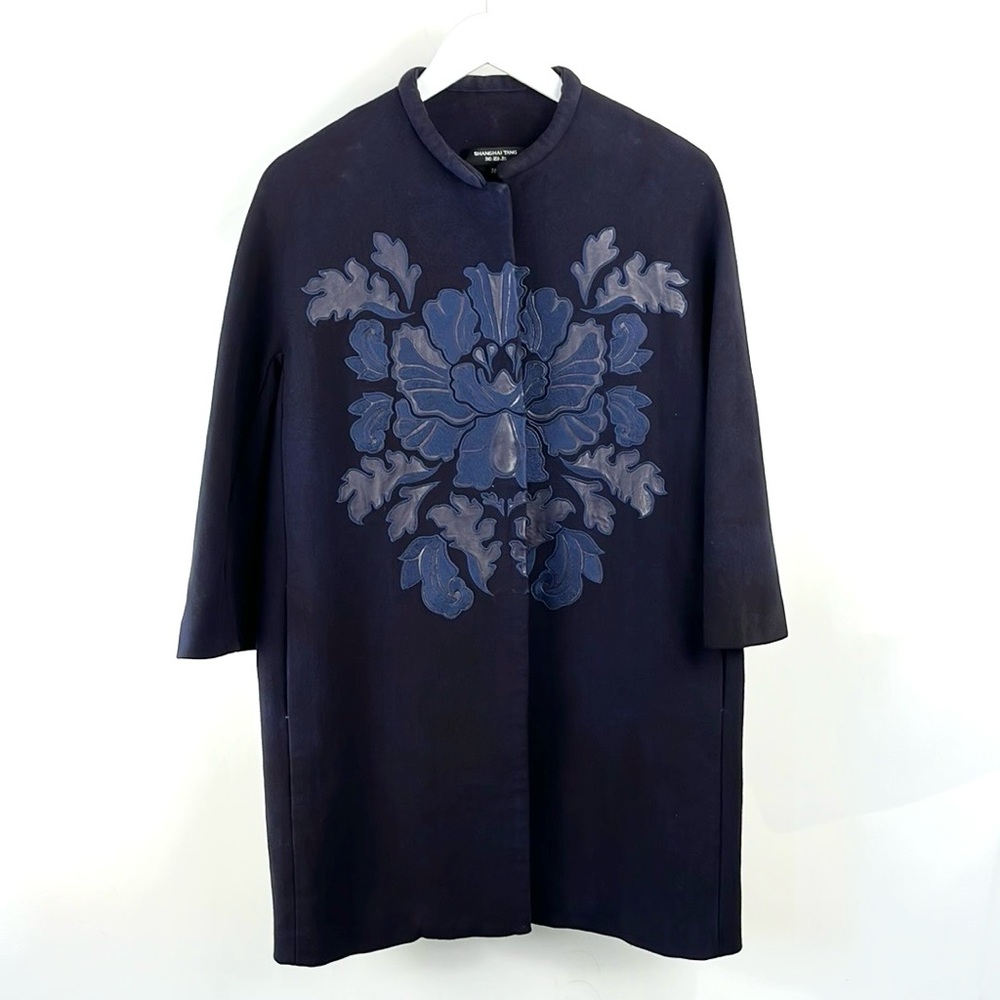 Shanghai Tang Navy Embroidered Leather-Applique Coat